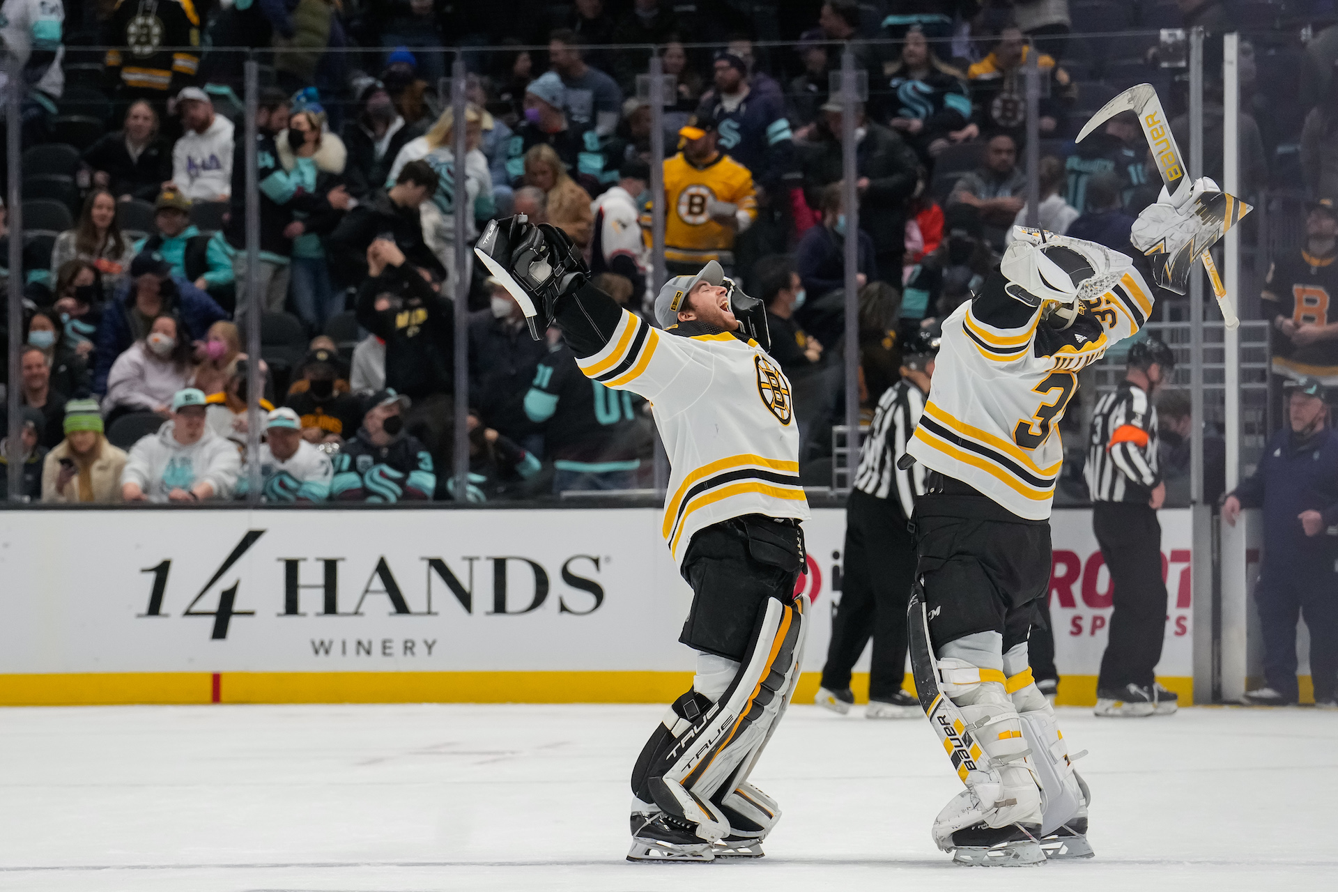 Swayman & Ullmark Boston Bruins Goalies Victory Hug 