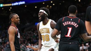 Simone's Six: Neemias Queta dominates, Jaylen Brown's patience, and effort without credit in Celtics-76ers taken at TD Garden (Celtics). Photo by © Paul Rutherford