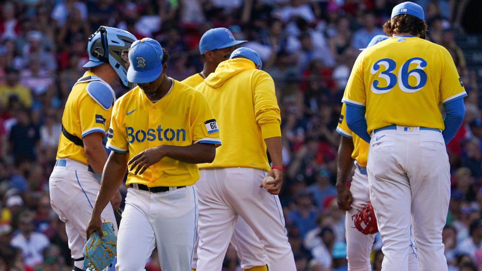 boston red sox blue and yellow uniforms