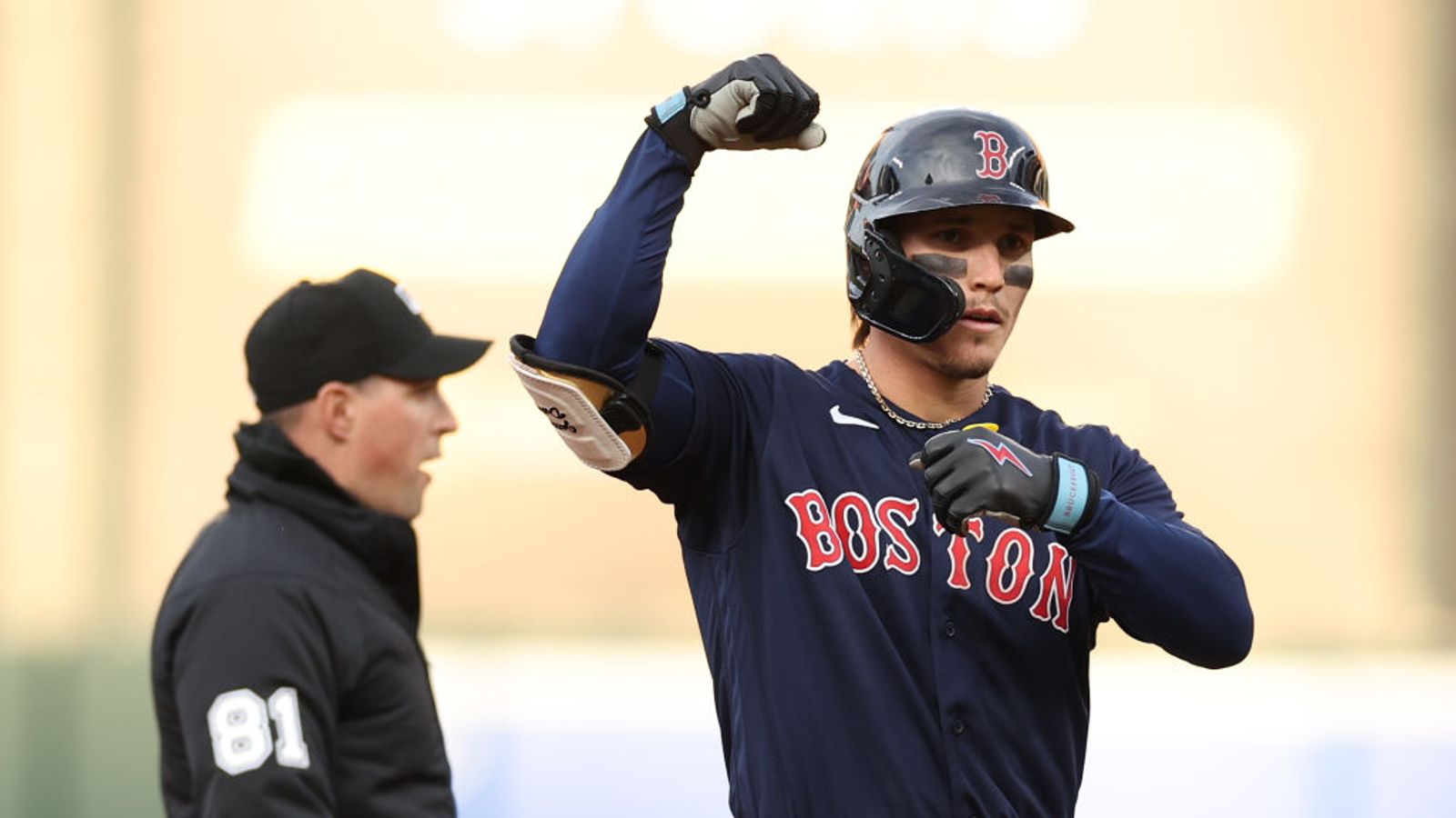 Boston Red Sox's Jarren Duran has his photo taken with a member