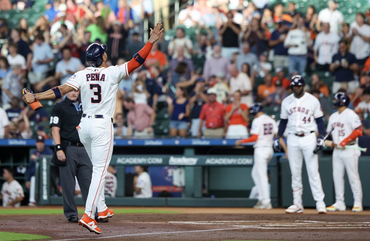 Jul 21, 2026; Houston, Texas, USA; Houston Astros shortstop Jeremy Pena (3) reacts to his home run against the Miami Marlins in the first inning inning at Daikin Park. Jul 21, 2026; Houston, Texas, USA; Houston Astros shortstop Jeremy Pena (3) reacts to his home run against the Miami Marlins in the first inning inning at Daikin Park.