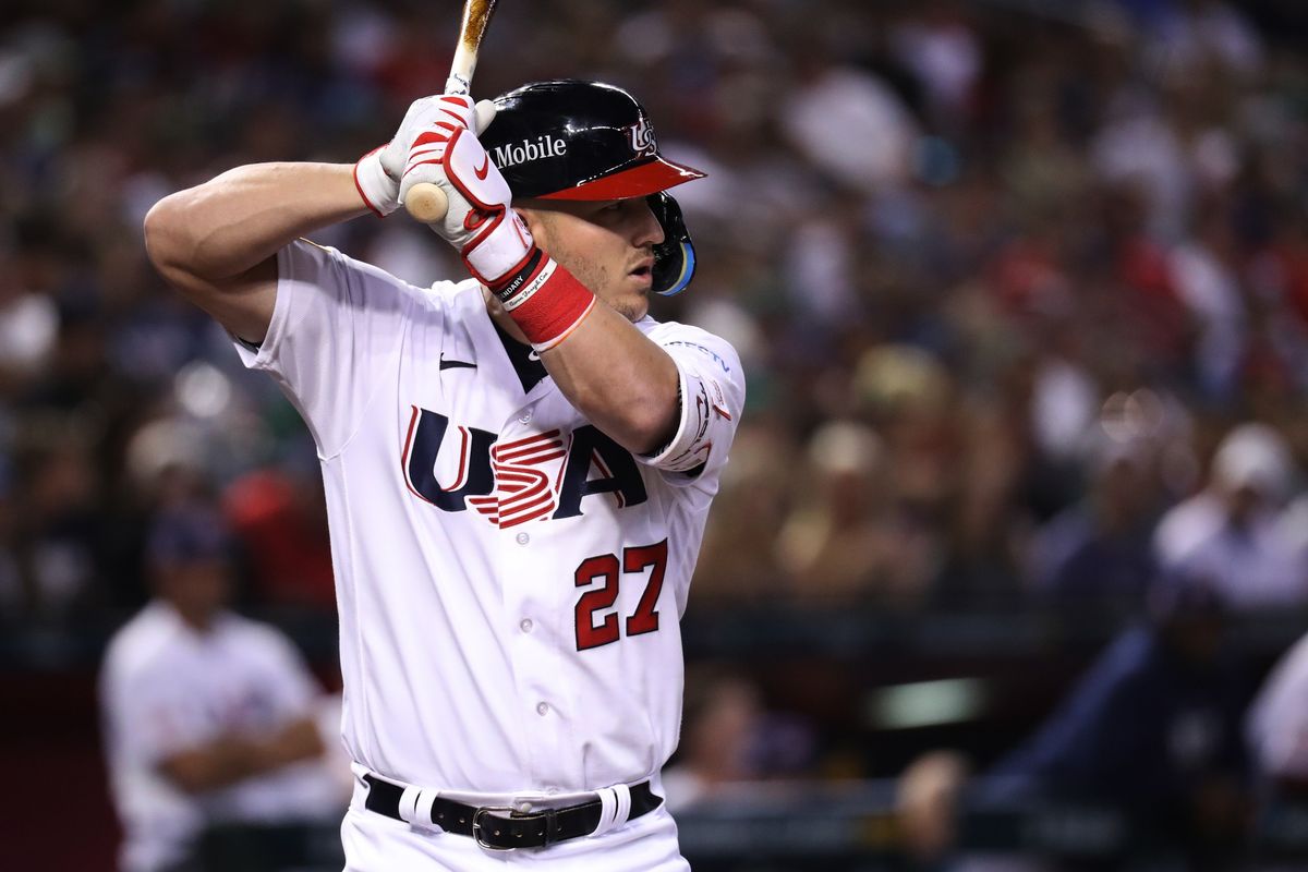 Mar 12, 2023; Phoenix, Arizona, USA; Team USA outfielder Mike Trout (27) at the plate against Team Mexico at Chase Field.