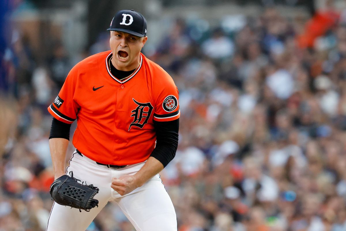 Jul 24, 2026; Detroit, Michigan, USA; Detroit Tigers pitcher Tarik Skubal (29) celebrates after the third inning against the Kansas City Royals at Comerica Park. Jul 24, 2026; Detroit, Michigan, USA; Detroit Tigers pitcher Tarik Skubal (29) celebrates after the third inning against the Kansas City Royals at Comerica Park.