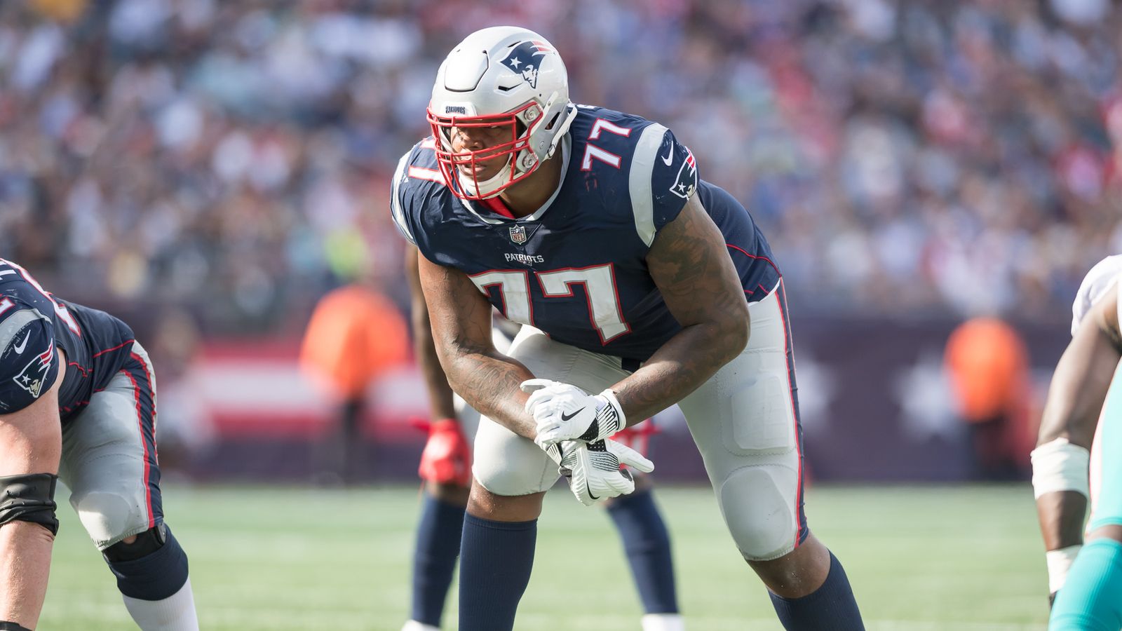 Foxborough, Massachusetts, USA. 14th Nov, 2021. New England Patriots  offensive tackle Trent Brown (77) before the NFL football game between the  Cleveland Browns and the New England Patriots at Gillette Stadium, in