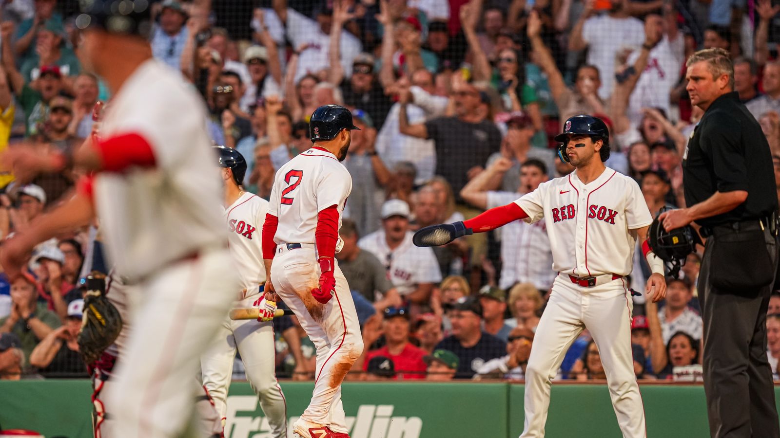 Final: Red Sox 8 vs Braves 0 - Early pitches seven scoreless innings, Red Sox score six runs in fourth inning taken at BSJ Headquarters (Top Red Sox). Photo by ( David Butler II-Imagn Images)